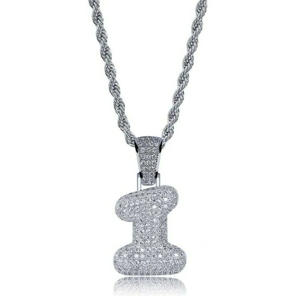 Silver Number Chain Pendant Necklace Women Men Iced Out Cubic Zirconia "1" Charm